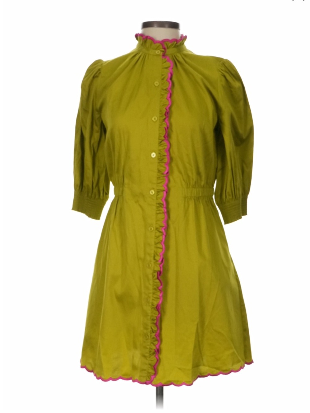 Olive Green Mini Dress with Pink Ruffle Trim